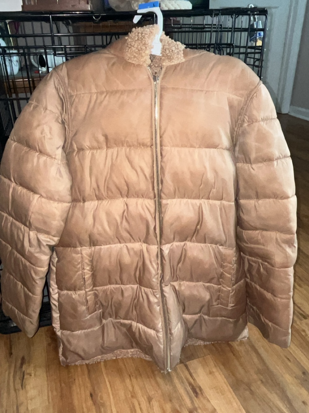 Women's Taupe Puffer Coat with Sherpa Trim